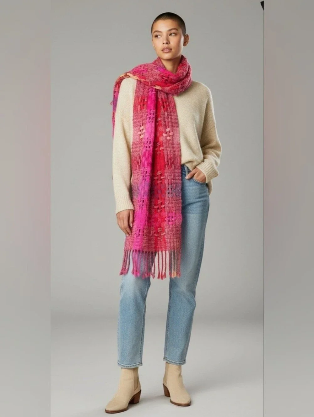 Suantrai Of Ireland Wool Vibrant Loose Weave Scarf Magenta Fuscia 78x14 Inch